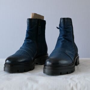NWOB Miz Mooz Brodie Ankle Boots Lug Sole Blue Sz 36 US 5.5 6 Ruched Boho